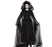 ITODA Halloween Ghost Bride Hooded Cape Full Length Tulle Wicked Witch Cloak Gothic Corpse Vampire Zombie Wedding Dress Graveyard Bride Fancy Costume for Halloween Carnival Party black