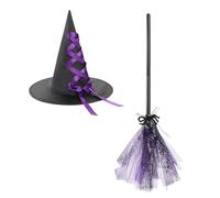 ITODA Halloween Witch Hat Broom Set Pointed Wizard Hat with Ribbon Bow Witch Flying Broomstick Fancy Dress Costume Accessories Cosplay Props for Halloween Carnival Party purple