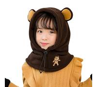 ITODA Kids Windproof Balaclava Hood Hat Warm Full Face Mask Boys Girls Cute Bear Fleece Winter Cap Neck Warmer Thermal Skiing Hooded for Children 5-10 Years Brown