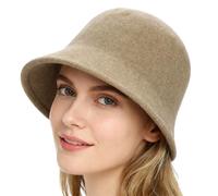 ITODA Ladies Wool Felt Cloche Hat Winter Thermal Elegant Bowler Hat Vintage Casual Bucket Cap Foldable Pure Color Warmer Beanies Classic Soft Fleece Flat Cap for Women Girls Khaki