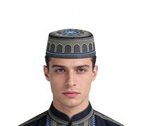 ITODA Men's Muslim Prayer Hat Embroidered Islamic Religious Skull Cap Arabic Turkish Saudi Beanie Hat Breathable Round Top Kufi Headwear for Ramadan Eid Gift Black