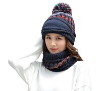 ITODA Women Knitted Hat Scarf Set Winter Thick Crochet Bobble Hat Pom Pom Slouchy Beanie Hat Ski Cap with Fleece Lining for Outdoor Sports Ski Snowboard Cycling Running Skating