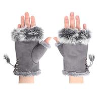 ITODA Women Suede Fingerless Gloves Touchscreen Warm Mittens Faux Fur Half Finger Thicken Winter Gloves Wrist Hands Warmer with Adjustable Elastic Band for Girls Women Ladies