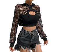 ITODA Women's Sexy Mesh Fishnet Hollow Out Pullover See Through Hooded Shirts Sweatshirt Long Sleeve Crop Top for Club Goth Punk Rave Rock Parties, Black M