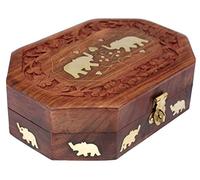 ITOS365 Handmade Wooden Jewellery Box Octagonal Handcrafted Elephant Brass Inlay & Wood Carvings