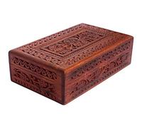 ITOS365 Handmade Wooden Keepsake Storage Case Jewelry Box Jewel Organizer - Floral Hand Carvings with Brass Inlay - Gifts for Women, 8 x 5 Inches