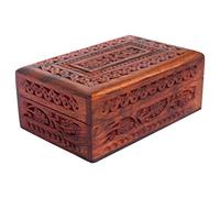 ITOS365 Handmade Wooden Keepsake Storage Case Jewelry Box Jewel Organizer - Floral Hand Carvings with Brass Inlay - Gifts for Women, 6 x 4 Inches