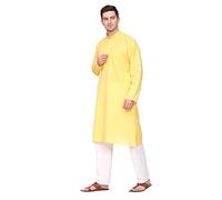 ITOS365 Men Cotton Blend Kurta Pyjama Set Party Fashion Regular Ethinic Wear Indian Dress Gift for Men, Yellow, XL/XXL