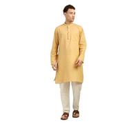 ITOS365 Men’s 100% Cotton Kurta Pajama Set | Solid Long Kurta with White Pajama Pants | Indian Traditional Ethnic Outfit for Wedding, Party & Festival, Beige, X-Large