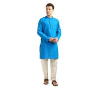 ITOS365 Men’s 100% Cotton Kurta Pajama Set | Solid Long Kurta with White Pajama Pants | Indian Traditional Ethnic Outfit for Wedding, Party & Festival, Royal Blue, Large