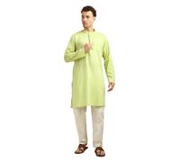 ITOS365 Men’s 100% Cotton Kurta Pajama Set | Solid Long Kurta with White Pajama Pants | Indian Traditional Ethnic Outfit for Wedding, Party & Festival, Pista Green, Medium