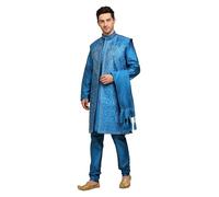 ITOS365 Men's 4-Piece Art Silk Kurta Pajama Set with Embroidered Jacket & Dupatta - Wedding & Festive Wear, Turquoise Blue, S