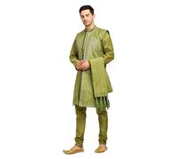 ITOS365 Men's 4-Piece Art Silk Kurta Pajama Set with Embroidered Jacket & Dupatta - Wedding & Festive Wear, Olive Green, Large