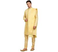 ITOS365 Men's 4-Piece Art Silk Kurta Pajama Set with Embroidered Jacket & Dupatta - Wedding & Festive Wear, Cream, Large