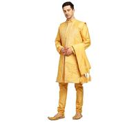 ITOS365 Men's 4-Piece Art Silk Kurta Pajama Set with Embroidered Jacket & Dupatta - Wedding & Festive Wear, Golden, Large