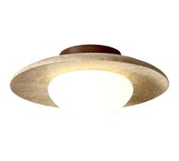 ITOSUI Modern Travertine Stone Flush Mount Ceiling Light, Minimalist Round Natural Wood and Milky Glass Globe Lamp, G9 Base Fixture for Entryway, Hallway, Bedroom