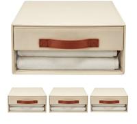 Itoyx 4 Pcs Closet Organiser Drawers, Foldable Stackable Bed Sheet Storage Boxes with PU Leather Handle, Transparent Window, Non-Woven Fabric, 15.7 x 12.6 x 6.7 in for Wardrobe, Shelf Organization