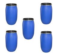 ITP Packaging Five 220 Litre Open Top Shipping Drums with Lid and Latch Ring, Air Tight Ideal For Storage Transport and Export Pet Food, Grain, Vegetables, Fruit & Clothing