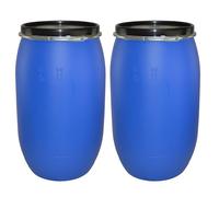 ITP Packaging Two Air Tight 120 Litre Plastic Blue Open Top Storage Shipping Barrel Drum Keg with Lid and Latch Ring, UN Approved, Food Grade for Shipping Food and Clothing