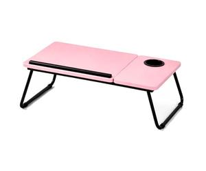 iTrend 2-in-1 Foldable Laptop Desk with Cup Holder & Anti-Slip Stopper, Adjustable Laptop Bed Table with Tilt Top, Portable Laptop Stand for Bed Sofa Floor Study Work from Home (Pink)