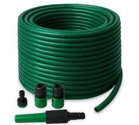 iTrend 50m PVC Fiber Braided Reinforced Garden Water Hose Pipe Set with Nozzles & Fittings - Durable, Flexible, Weatherproof, 4 Spray Patterns for Garden, Car Wash & Irrigation