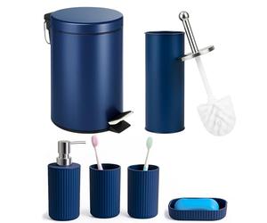 iTrend 6-Piece Matt Blue Bathroom Accessories Set - 3L Pedal Waste Bin, Toilet Brush, Soap Dispenser, Soap Dish & 2 Tumblers