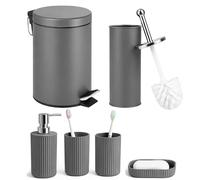 iTrend 6-Piece Matt Grey Bathroom Accessories Set - 3L Pedal Waste Bin, Toilet Brush, Soap Dispenser, Soap Dish & 2 Tumblers