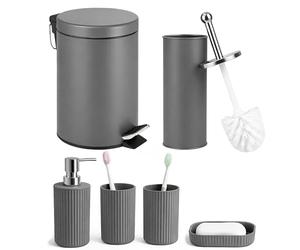 iTrend 6-Piece Matt Grey Bathroom Accessories Set - 3L Pedal Waste Bin, Toilet Brush, Soap Dispenser, Soap Dish & 2 Tumblers