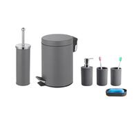 iTrend Bathroom Set 6 Pc - 3L Bin Toilet Brush Soap Dispenser Toothbrush holder and Tumblers - Grey
