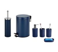 iTrend Blue Bathroom 6pc Set - Bathroom Accessory - Includes 3L Pedal Dustbin, Toilet Brush with Holder, Soap Dispenser, Soap Dish, 2 Tumblers for Toothbrush Holder - Modern Vanity Organiser Kit