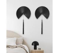 ITrixgan Wall Fan Decor Minimalist Black Wall Art for Living Room, Decorative Metal Wall Decor Fan with Tassels for Bedroom Above Bed TV, Modern Black Metal Wall Art Fan Set of 2