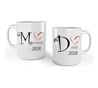 iTRONiK Love Heart Mummy and Daddy 2026 Mugs Set, Perfect for New Parents Mum and Dad, White, 11 Oz Mugs