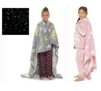 iTRONiK New Kids Fleece Blankets Childrens Soft Cosy Glow In The Dark Blanket Fluffy Warm Bedroom Accessories Boys Girls Bed Throw, Rainbow Unicorn or Dino print Blanket (size 130x150cm) (Dino)