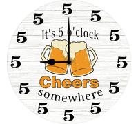 It's 5 O Clock Somewhere Wall Clock Funny Bar Decor, Gift for Man, Beer Lover Home Decorations, Farmhouse Wooden Decor Silent Non Ticking Battery Operated 25x25 CM