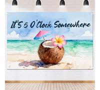 It's 5 O'Clock Somewhere Backdrop, 72x43 Inch Tropical Beach Party Banner, Watercolor Coconut Summer Luau Photography Background for Home Bar & Retirement Decor