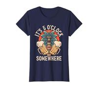 It's 5 O'Clock Somewhere Funny Day Drinking Beer Tattoo T-Shirt, Women, Navy Blue, Large