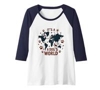 It's A Dog's World - Global Paw Print Map Raglan Baseball Tee, Women, Navy/White, M