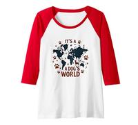 It's A Dog's World - Global Paw Print Map Raglan Baseball Tee, Women, Red/White, L