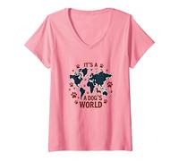 It's A Dog's World - Global Paw Print Map V-Neck T-Shirt, Women, Pink, L