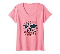 It's A Dog's World - Global Paw Print Map V-Neck T-Shirt, Women, Pink, S
