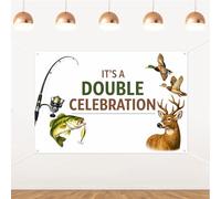It's A Double Celebration Backdrop, Hunting Theme Double Birthday Backdrop Banner Fishing and Mallard Duck Deer Hunting Photography Background for Boys Men Twins Siblings Joint Birthday Party 5x3ft