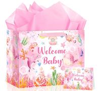 It's a Girl Baby Shower Birthday Gift Bag Under the Sea Baby Shower Birthday Gift Bag Gift Wrapping Paper Bag with Greeting Card for Baby Girls Newborn Gender Reveal Party Favors Supplies