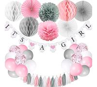 It's A Girl Baby Shower Decorations - Pink & Grey Banner, Paper Fan, Tissue Pompoms, Honeycomb Ball, Party Balloons, Foil Tassel