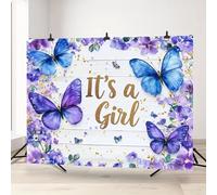 It's a Girl! Butterfly Baby Shower Party Backdrop - Bright purple and blue butterfly motifs on white wooden boards made of polyester 350x240CM