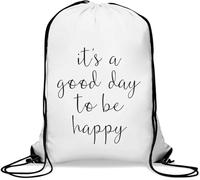 It's A Good Day To Be Happy Black Line Art Gym Sack Casual Drawstring Bag White