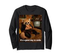 It's a Good Day to Smile Panda Bear Eating Pizza Design Long Sleeve T-Shirt