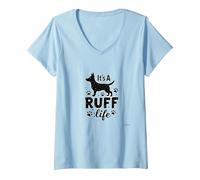 It's A Ruff Life Dog Lover Paw Print Sticker V-Neck T-Shirt, Women, Baby Blue, L