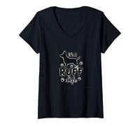 It's A Ruff Life Dog Lover Paw Print Sticker V-Neck T-Shirt, Women, Black, M