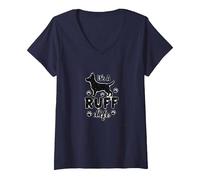 It's A Ruff Life Dog Lover Paw Print Sticker V-Neck T-Shirt, Women, Navy, M