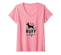 It's A Ruff Life Dog Lover Paw Print Sticker V-Neck T-Shirt, Women, Pink, S
